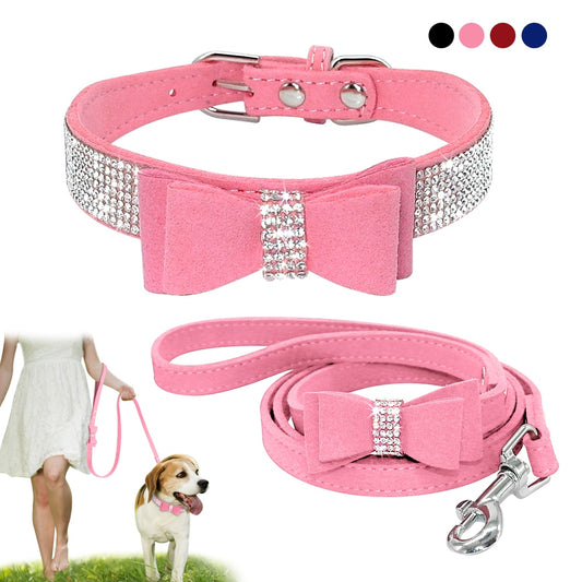 Bling Bowknot Suede Rhinestone Collar and Leash Set