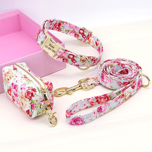 Customize I.D, Flower Dog Collar, Leash, Treat Bag Set
